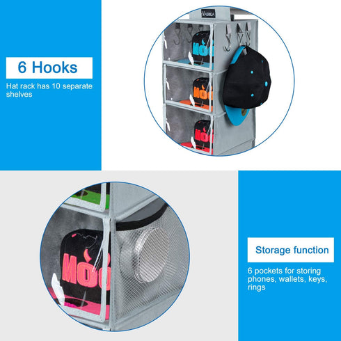 VAESIDA Hat Rack - 10 Shelf Upgraded Version Hat Organizer for Closet with Dust Shield & Side Mesh Storage Pockets - Hat Holder & Hat Racks for Ba...
