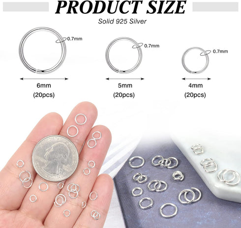 TOAOB 60pcs Sterling Silver Jump Rings for Jewelry Making 4mm 5mm 6mm 925 Sterling Silver Open Jump Rings for DIY Earrings Necklace Bracelet Makin...