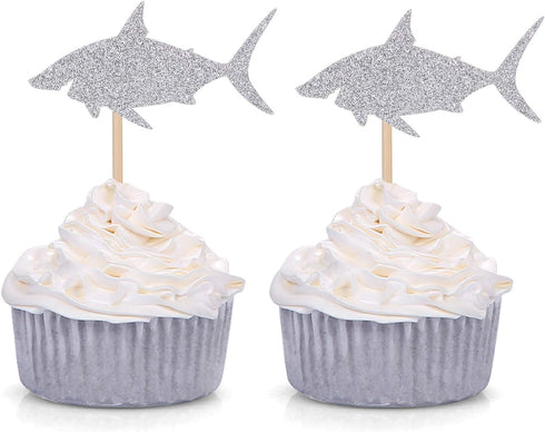 Pack of 24 Silver Shark Cupcake Toppers Boy's Birthday Party Decorations...