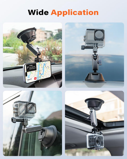 Suction Cup Mount for Gopro iPhone, Anti-Shake Metal Arm Car Camera Mount with 1/4 Thread & Phone Holder, Car Boat Windshield Window VLOG/Video Ho...