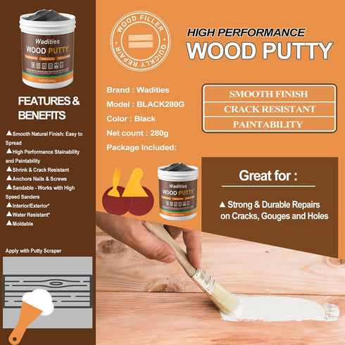 Black Wood Filler, Black Wood Putty, Paintable Stainable Wood Repair Putty, 9.87 Ounce Wood Furniture Repair kit, Quickly Repair Wood Cracks and H...