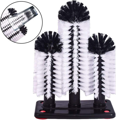 Water Bottle Cleaning Brush Glass Cup Washer with Suction Base 3 Head Bristle Brush for Beer Cup, Long Leg Cup, Red Wine Glass and More Bar Kitche...