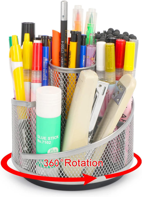 Pen Holder for Desk,Mesh Desk Organizer,360 Degree Rotating Metal Mesh Desktop Organizer,Stepped Design with 5 Compartments,Home Office Art Supply...