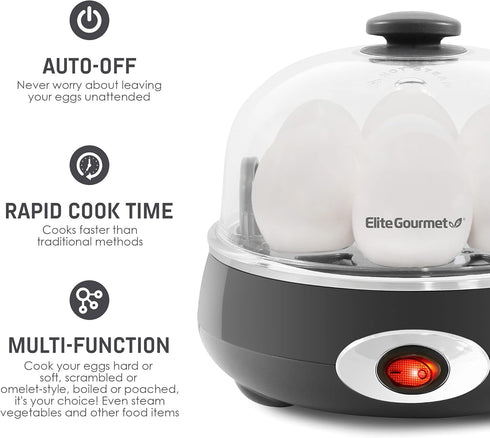 Elite Gourmet EGC007CHC# Rapid Egg Cooker, 7 Easy-To-Peel, Hard, Medium, Soft Boiled Eggs, Poacher, Omelet Maker, Auto Shut-Off, Alarm, 16-Recipe ...