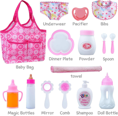 BABESIDE Baby Doll Bottles and Accessories 15 Pcs Baby Doll Feeding Set Including Diaper Bag,Magic Bottles,Changing Mat for Dolls Kids Pretend Pla...