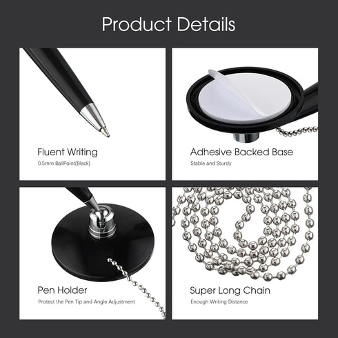 Zonon Secure Pen with Adhesive Pen Chain and Security Pen Holder Black Desk Pen with Chain Ink Reception Counter Pen for Home Office Supplies(6 Pi...