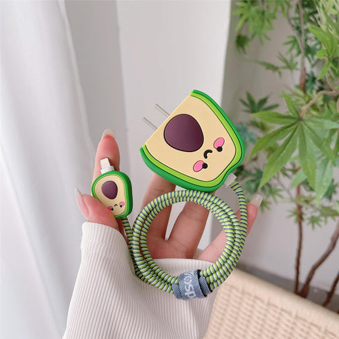 3D Cute Cartoon Charger Protector Case - Compatible for Apple 20W USB-C Power Adapter and Lightning Cable (Green Avocado)...