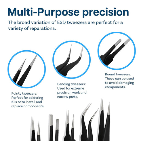 MMOBIEL 3x Industrial Precision ESD Tweezers Anti-Static Stainless Steel for Electronics Tools, Jewelry, Computer, Laboratory Work, Crafts and Hob...