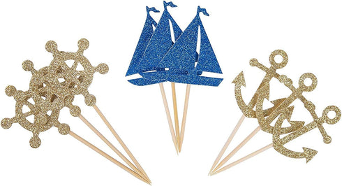 24 Pcs Nautical Theme Glitter Cupcake Picks Cupcake Toppers Food Fruit Picks for Decoration Party Favors...