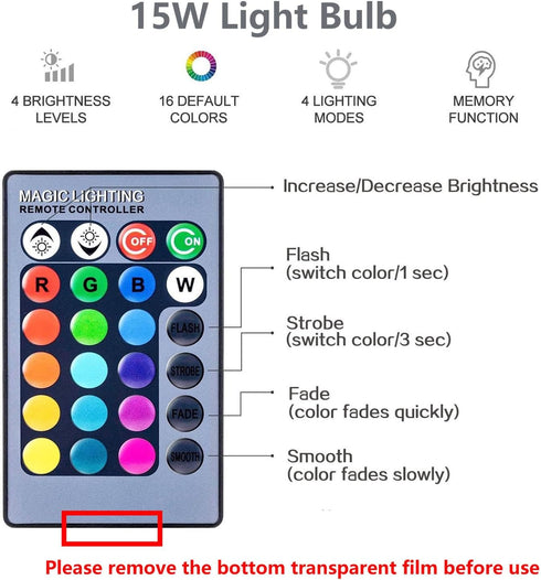 RGB Color Changing Light Bulbs with Remote,A21 E27 RGBW LED Light Bulbs,15W Warm White 550LM,16 Color Multicolor Light Bulb (Rgb 15W-1Pack)...