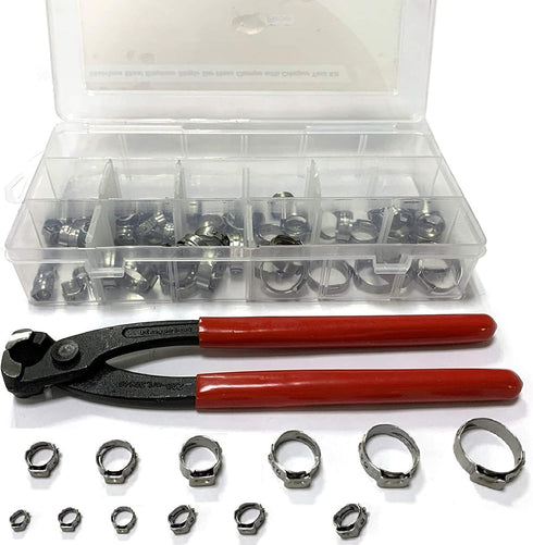 200 Pcs 304 Stainless Steel Stepless Single Ear 5-33mm Hose Clamps with Pincers Crimper Tool Kit | Securing Pipe Hoses Automotive | Cinch Rings Pi...
