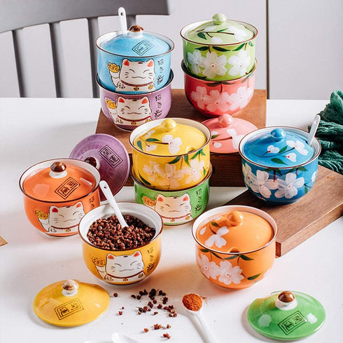 FUYU Hand-painted Flower Ceramic Condiment Pot Seasoning Jar Sugar Bowl with Lid and Spoon...
