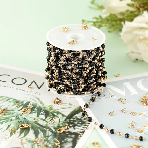 KYUNHOO 16.4 Feet Black Beaded Chain for Jewelry Making Gold Plated Brass Rosary Chain on Spool with Lobster Claps and Jump Rings for Women Neckla...