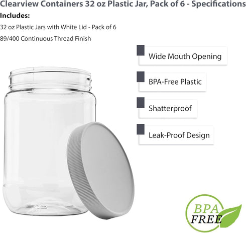 6 Pack of 32 Ounce Plastic Quart Jars with 89RM Leak Proof Seal Lid - Food Grade and BPA Free (32oz, 6pk)...