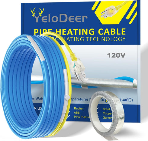 Heating Tape for Water Pipes with Thermostat, Heat Trace for Metal And Plastic Home Water Pipes YeloDeer, 120V Electric Pipe Heat Tape for Pipe Fr...
