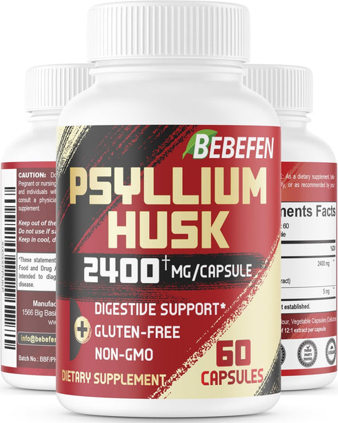 BEBEFEN Psyllium Husk Capsules 2400mg with Black Pepper - 2 Month Supply - Daily Soluble Fiber for Gut Health - Non-GMO and Gluten-Free Formula...
