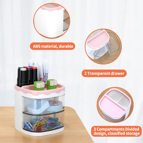LETURE Desk Pencil Pen Holder with Drawer, Desktop Storage Pen Marker Organizers Stationery Supplies, Cute Pencil Cup Pot for Office, School, Home...
