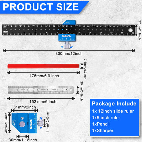 SuSuMu 12 inch Slide Rule with 6inch Metal Ruler Precision Pocket Ruler Woodworking with Slide Stop Inch/cm/mm Angle Edge T Square Benchmark Ruler...