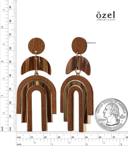 Ozel - Natural Wooden Acrylic Boho Drop Dangle Earrings for Women - Geometric Statement Jewellery - Brown, Black, Magent Red, Olive Green, White b...