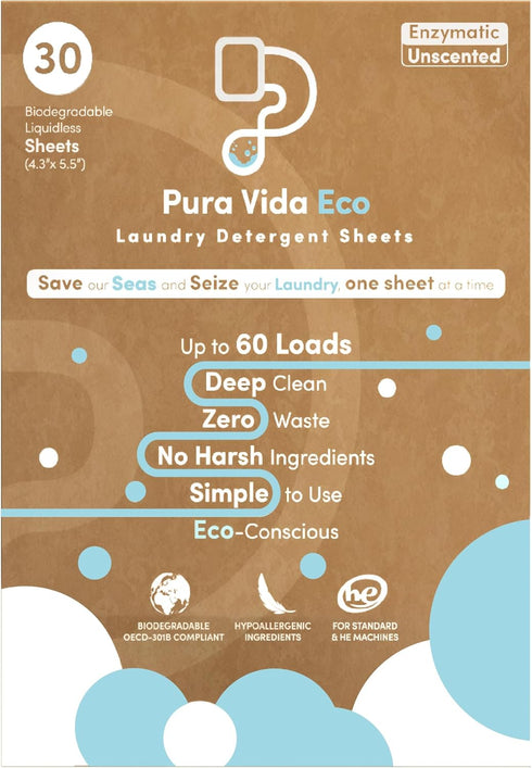 Laundry Detergent Sheets - 30 Sheets (up to 60 Loads) - Unscented - Ideal for Travel, Baby Clothes - Compact, Liquidless, Hypoallergenic, Eco-Frie...