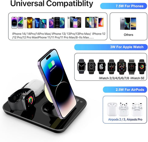 Wireless Charger, 4 in 1 Fast Charging Station,Colorful Night Light,Qi Foldable Magnetic Wireless Phone Charger Stand for iPhone, Apple iWatch, Ai...