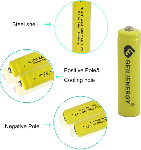 GEILIENERGY Solar Light Batteries AAA NiCd AAA 1.2V 600mAh Triple A Rechargeable Batteries for Solar Lamp Garden Lights (Pack of 16)...