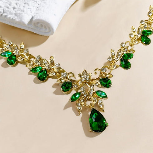Gold Necklace Earrings Jewelry Set for Women, Bridal Gold Jewelry Teardrop Green Rhinestones Jewelry Set, Prom Jewelry Set for Bride Bridesmaid We...