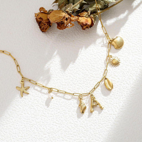 Gold Initial Charm Necklace for Women Gold Shell Starfish Necklace Summer Beach Charms Necklaces for Women Beach Jewelry Gift...