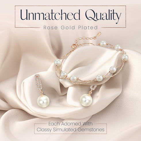 Crystalline Azuria Jewelry Simulated White Pearls Necklace Earrings Bracelet for Women Wedding Party Bridal and Bridesmaid Accessories Rose Gold P...
