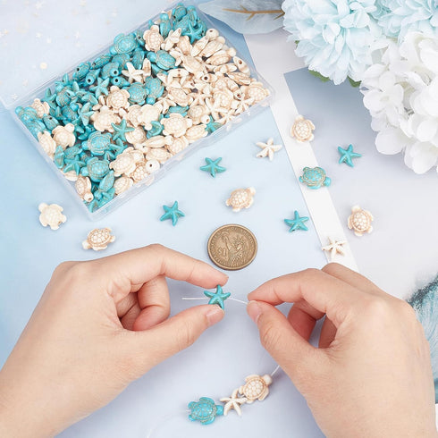 SUNNYCLUE 1 Box 200Pcs Turtle Beads Charm Starfish Beads Bulk Blue White Synthetic Turquoise Sea Ocean Animal Bead Tortoise Summer Hawaii Beaded f...