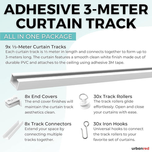 UrbanRed Self Adhesive Ceiling Curtain Track Ceiling Mount, Track for Curtains 9.8FT (3m) for Smooth Wall - No Drill, Screws, Adhesive Curtain Rod...