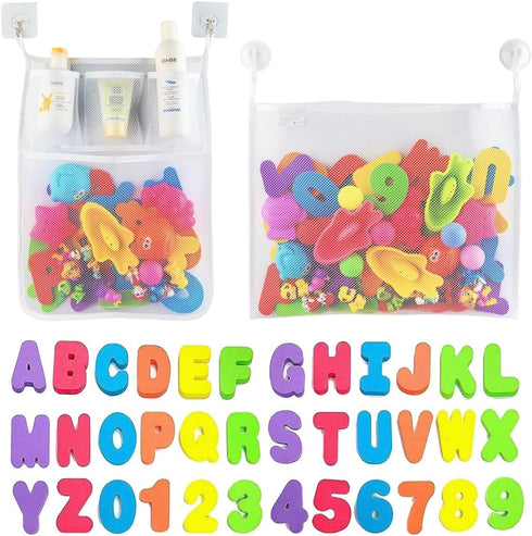 Comfylife 2 x Mesh Bath Toy Organizer + 6 Ultra Strong Hooks + 36 Bath Letters & Numbers – Eco-Safe, Fun, Educational Foam Letters and Perfect Toy...
