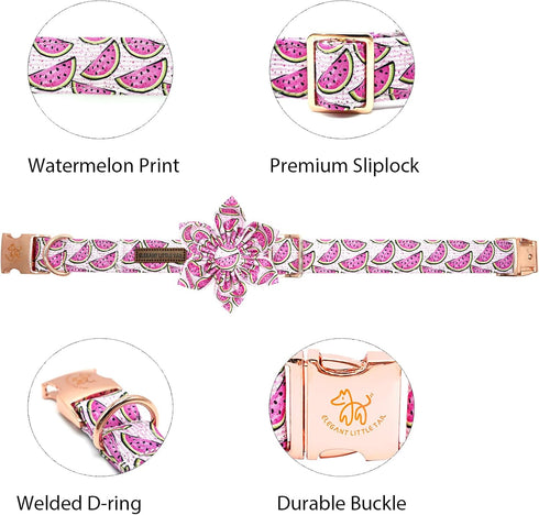 Elegant little tail Dog Collar with Flower, Watermelon Print Pet Collar Flower Dog Collar Summer Cute Dog Collar Adjustable Dog Collar for Large D...