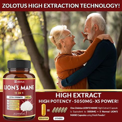 5X Potency 2 Packs 90 Capsules Lions Mane Mushroom Supplement, 5050mg, 6 Month Supply with Cordeyceps, Reishi, Ashwagandha, Focus, Memory and Brai...