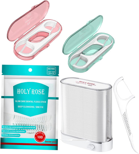 Holy Rose Dental Flossers Dispenser with Mini Floss Picks Portable Case, Bagged Refill of 208 Count for Adults - Tasteless Floss Sticks Ideal for ...