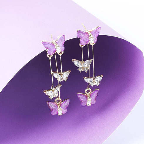 Purple Butterfly Earrings Crystal Butterfly Earings Long Tassels Shiny Butterfly Dangle Earrings Zircon Earrings for Women Crystal Rhinestone Drop...