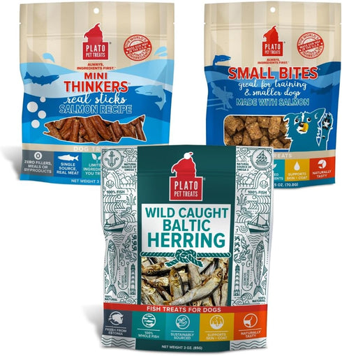 PLATO Fish Dog Treats Variety Pack: (1) Small Bites Salmon 2.5oz, (1) Mini Thinkers Salmon 3oz, (1) Baltic Herring 3oz...