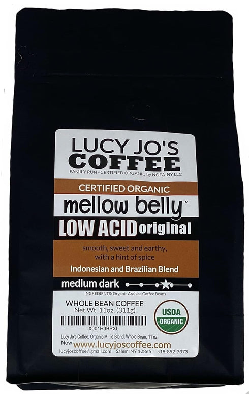 Lucy Jo's Coffee, Organic Mellow Belly Low Acid Blend, Medium Dark Roast, Whole Bean, 11 oz (11 OZ)...