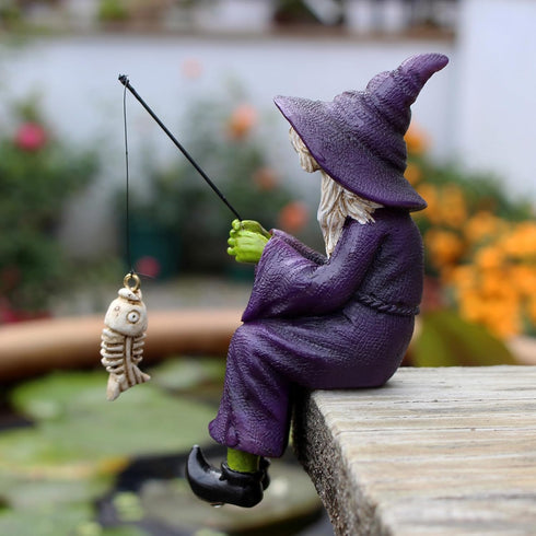 Fishing Witch Skeleton Garden Accessory, Mini Witch Fisher Sculpture Ornaments for Outdoor Garden Yard Lawn Pond Waterfalls Pool...