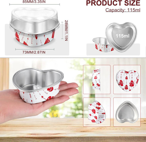 Cunhill 30 Sets Heart Shaped Cake Pans with Lids, 3. 4 Ounces/ 100 ml, Aluminum Foil Mini Disposable Heart Cupcake Pans for Wedding Parties Gift (...