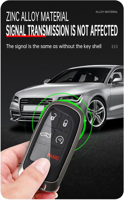 ontto Car Key Fob Cover Fit for Jeep Grand Cherokee Key Remote Metal Frame and Leather Key Shell Full Protector Fit for Dodge Challenger Charger D...
