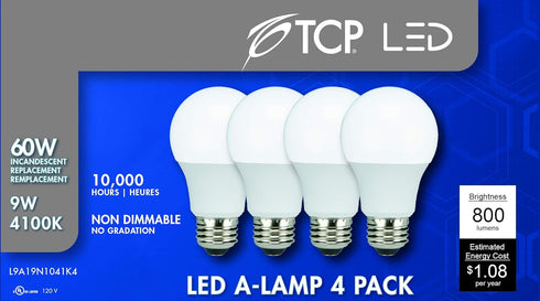 TCP LED 60 Watt Equivalent A19 | 4 Pack | Cool White (4100K) Shatter Resistent | 800 Lumens | 10,000 Hours | Non-Dimmable Light Bulbs...