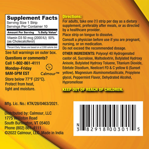 CALMOUR Vitamin D3 Strips 10 Pack| 2000 IU Oral Dissolvable D3 Vitamin Strips | Peppermint Flavor Melts on Your Tongue in 30 Seconds | Boost Immun...