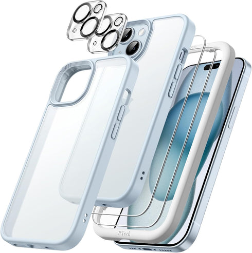 JETech 5 in 1 Matte Case for iPhone 15 Plus 6.7-Inch with 2-Pack Each Tempered Glass Screen Protector and Camera Lens Protector, Translucent Back ...