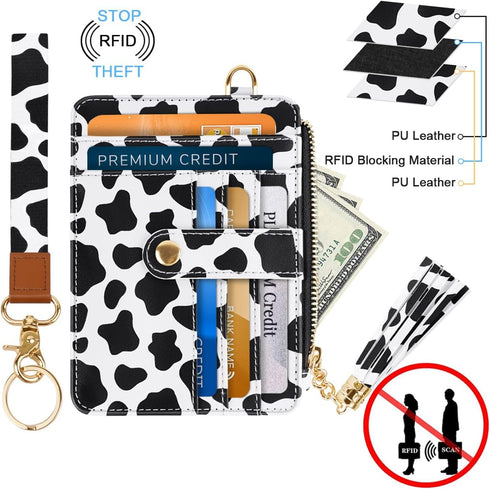 Slim Zipper Credit Card Holder with Keychain Wristlet Small RFID Leather Wallet with ID Window for Women,Cow...