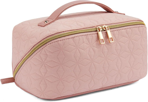 Telena Makeup Bag Large Capacity Travel Cosmetic Bag Portable Lightweight Makeup Organizer Bags for Women with Handle and Divider Open Flat Light ...