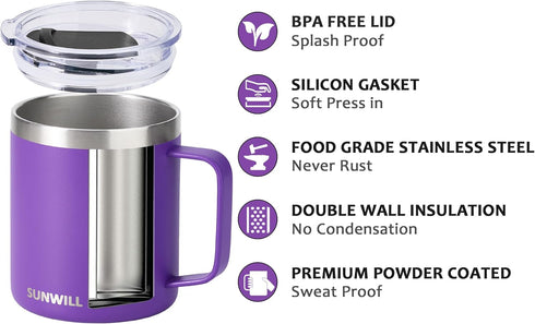 SUNWILL Insulated Coffee Mug with Lid, Travel Tumbler with Handle, 14 oz Stainless Steel Cup for Camping, Office, Home, Powder Coated Purple...