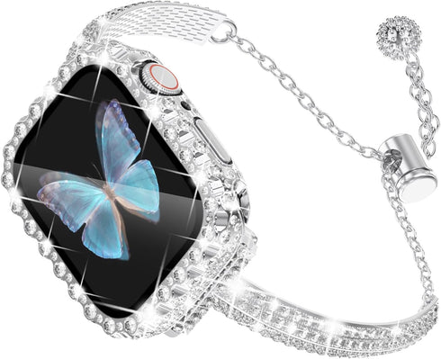 WINGLE Compatible with Apple Watch Bands 40mm for Women Series SE 6 5 4, Bling Diamond Slim Bracelet Dressy Fancy Band with 2 in 1 Waterproof Blin...