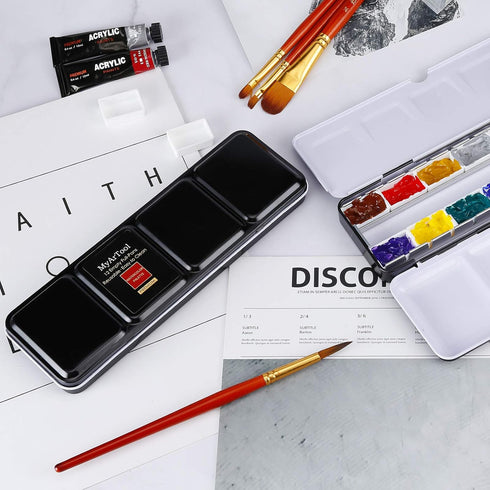 MYARTOOL Empty Watercolor Palette, Metal Empty Watercolor Tin Palette Paint Case with 12 PCS Empty Full Pans for DIY Travel Watercolor Palette, Ac...