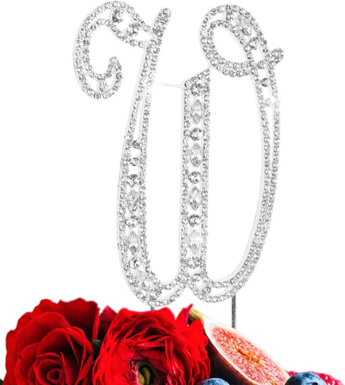 Letter W Cake Topper Rhinestone Crystal Silver Letter for Wedding or Anniversary Birthday Party Decoration Supplies...